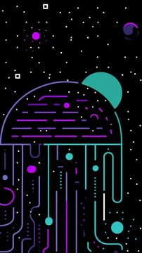 Abstract neon glowing jellyfish in deep space starry background with planets for synthwave cyberpunk stream and meme overlays