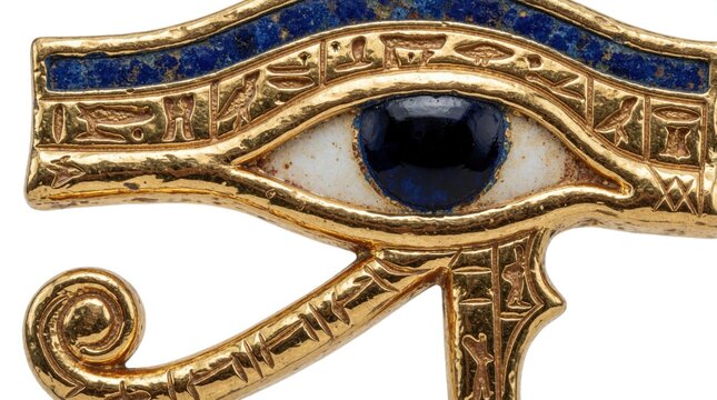 Golden Eye of Horus symbol crafted with lapis lazuli, white enamel, featuring hieroglyphs. Ancient Egyptian amulet represents protection, royal power, good health. Regal artifact for history buffs.