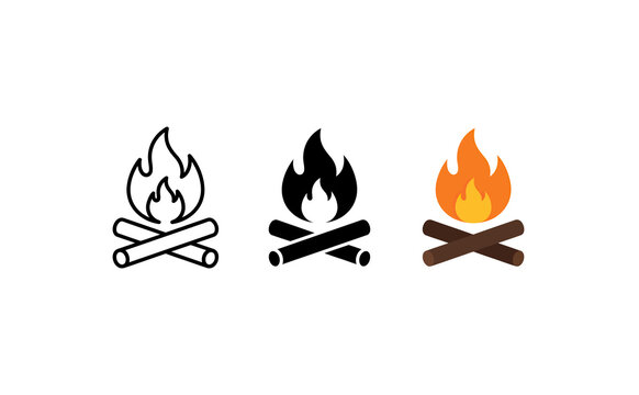 Minimalist bonfire vector icons set featuring outline silhouette and colored styles