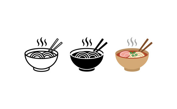 Minimalist ramen bowl icons featuring hot noodle soup and chopsticks in flat vector style
