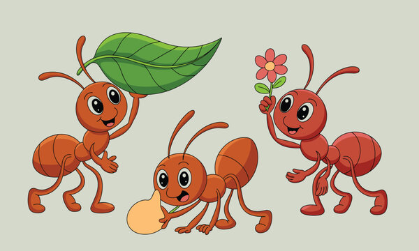 Cute cartoon ants character set holding green leaf flower and food vector illustration
