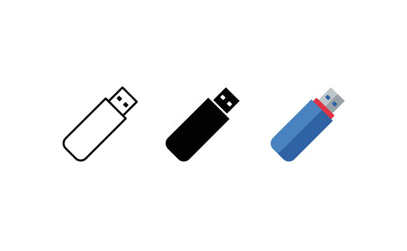 Minimalist vector usb flash drive icons in outline solid and blue color styles