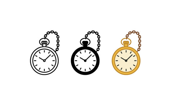 Minimalist pocket watch icon set featuring three vintage timepieces with chains