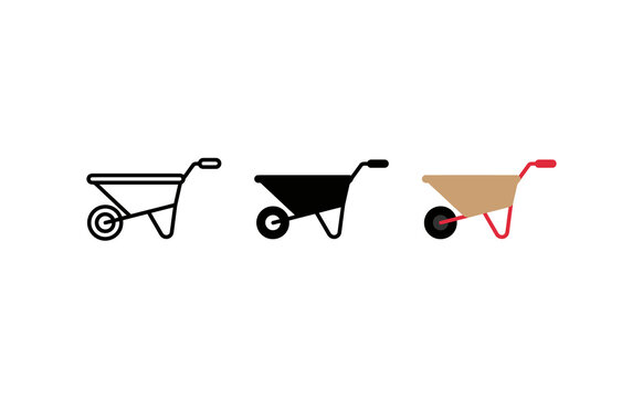 Minimalist wheelbarrow icon set showing outline solid and colored variations