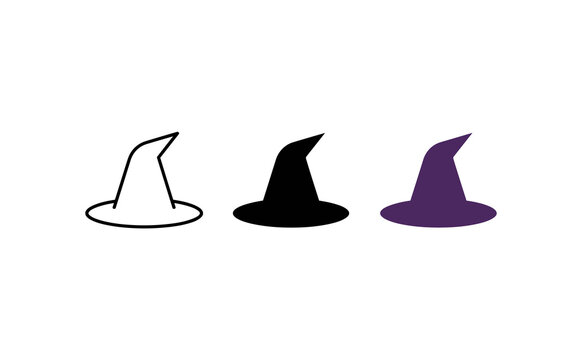 Minimalist witch hats in outline, black, and purple silhouette vector graphic styles