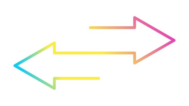 Two arrows point left and right, one fading from blue to yellow, the other from pink to orange. They form a dynamic, balanced exchange, suggesting movement and connection. Isolated on white.
