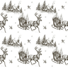 Vintage Christmas seamless pattern reindeer sleigh with gifts, snowy cottages, fir trees, snowflakes. Hand drawn engraved style holiday by classic Christmas  illustrations for wrapping paper © Julia