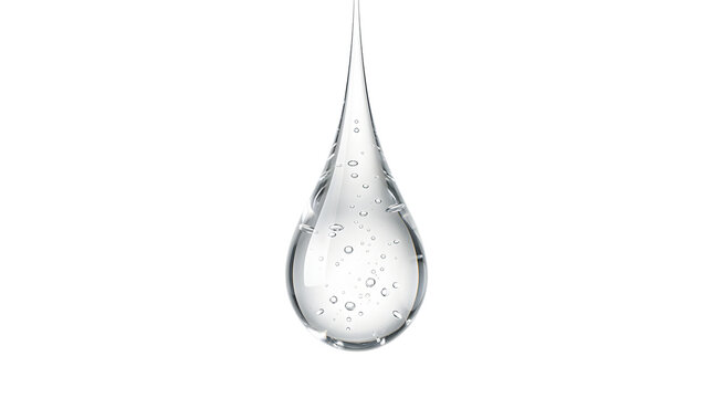 A clear droplet of liquid suspended mid-air, with tiny bubbles trapped inside.