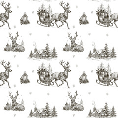 Vintage Christmas seamless pattern reindeer sleigh with gifts, snowy cottages, fir trees, snowflakes. Hand drawn engraved style holiday by classic Christmas  illustrations for wrapping paper © Julia