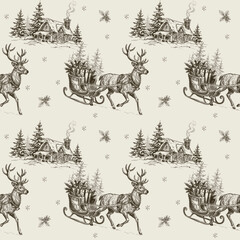 Vintage Christmas seamless pattern reindeer sleigh with gifts, snowy cottages, fir trees, snowflakes. Hand drawn engraved style holiday by classic Christmas  illustrations for wrapping paper © Julia
