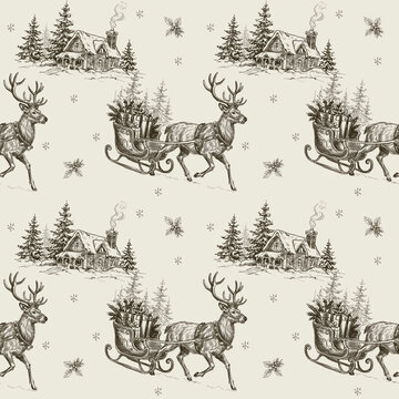 Vintage Christmas seamless pattern reindeer sleigh with gifts, snowy cottages, fir trees, snowflakes. Hand drawn engraved style holiday by classic Christmas  illustrations for wrapping paper