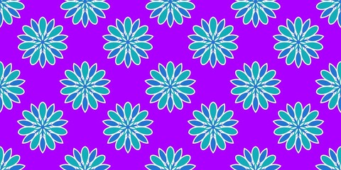 Seamless floral pattern featuring blue ornamental flower mandalas on a vibrant purple background. Ideal for textile, wrap, and tile © Mr. Han Han