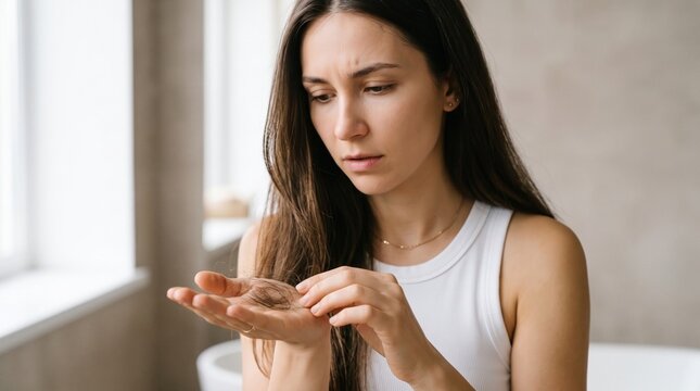 Concerned woman examining hair loss in her hand.