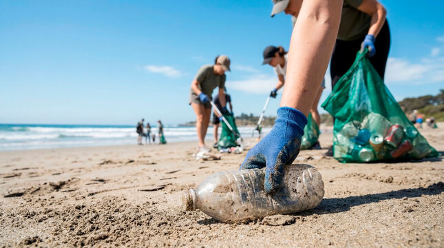 Volunteers cleaning a beach for the concept of environmental protection and community service.