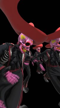 Seamless vertical video mariachi skeletonS salsa dancing. Funny characters dressed up  for The Day of Dead holiday with hat, makeup and costume.