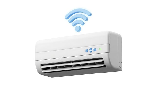 Modern white smart air conditioner unit with wireless wifi connection icon isolated on white background
