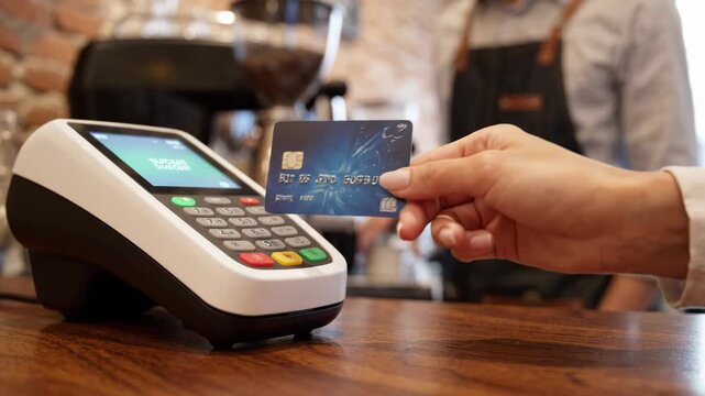 Customer making a contactless payment with a credit card at a point of sale terminal device