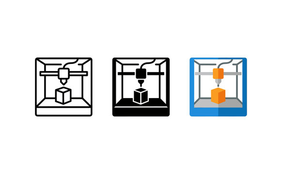 Minimalist 3D printer icon set featuring outline solid and colorful vector symbols