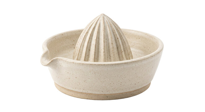 Rustic ceramic citrus juicer with a speckled beige glaze and ribbed reamer, captured on a clean white background