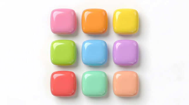 A grid of nine smooth colorful glossy rounded square tiles on a white background, top view, conceptual studio shot for creative design projects, vibrant rainbow color palette, minimal aesthetic