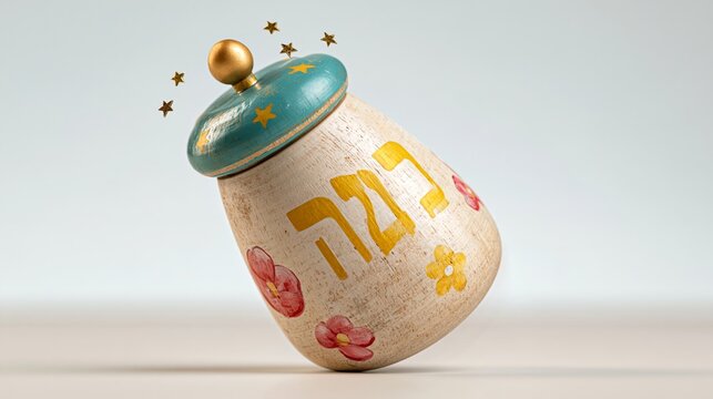 Funny Hanukkah scene: a dizzy spinning dreidel with tiny stars around its head, placed on a bright white background with abundant copy space for text.