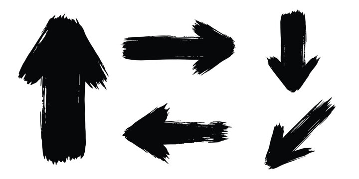 Black bold brush arrows silhouette set collection. Thick painted arrow icons in dark silhouette.