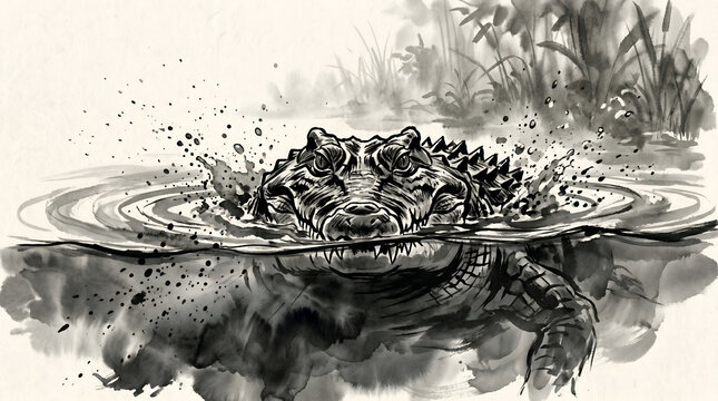 Ink wash painting of an alligator emerging from water