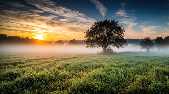 Golden sunrise pierces thick morning fog rolling over a grassy meadow. A large tree stands silhouetted against the colorful sky. Dew drops on grass sparkle.
