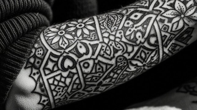 Intricate arm tattoo design features geometric and floral patterns. Black and white close-up shows detailed ink work on skin. This body art showcases complex artistry and creative expression.