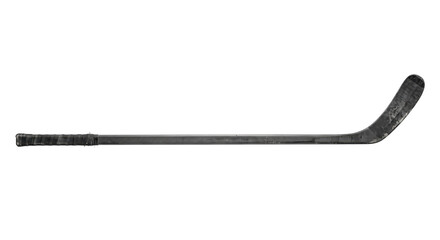 Plakat Single black composite ice hockey stick with a taped handle and worn blade is isolated on a clean white background