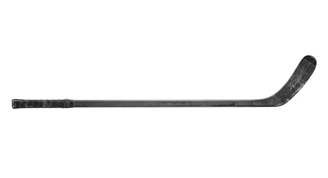 Single black composite ice hockey stick with a taped handle and worn blade is isolated on a clean white background