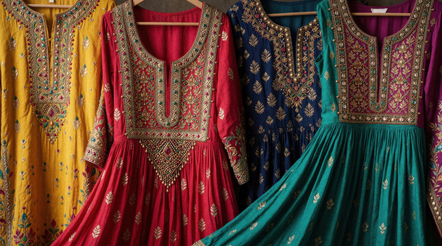 Indian women frocks feature colorful fabrics bead embroidery intricate patterns elegant necklines festive designs. Detailed traditional ethnic wear.
