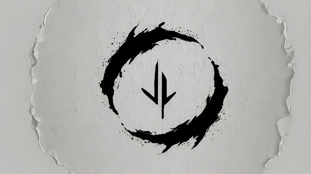Black ink symbol with an arrow inside a brushstroke circle lies centered on textured light grey paper.