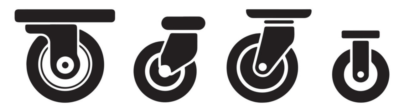 Industrial caster wheel silhouettes with mounting plate brackets for furniture and trolley hardware.