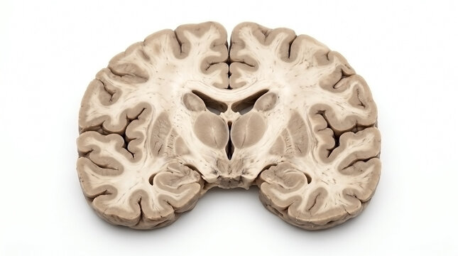 Coronal cross section of a human brain on a plain white background with brain slice brain anatomy white matter cerebral cortex