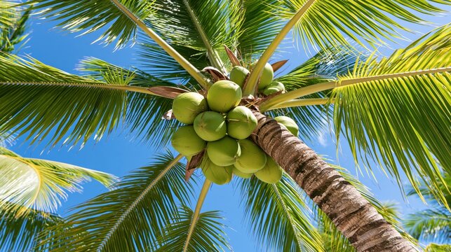 Low angle view looking up at a coconut palm tree with large clusters of green tropical fruit
