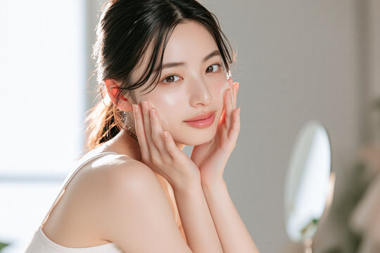 鏡の前でスキンケアをしている女性のポートレート。美容用素材