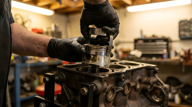 Professional mechanic installing a clean metal engine piston into a vehicle cylinder block in a blurred garage workshop, close-up shot focused on manual repair work 