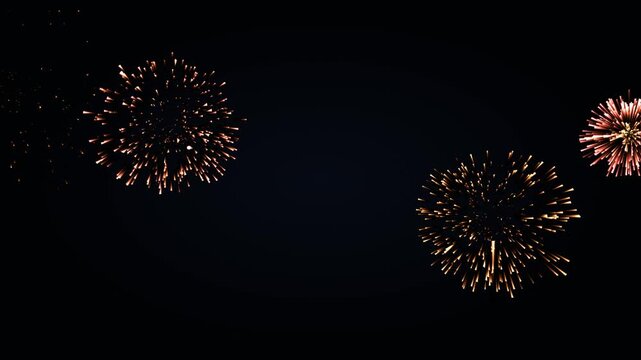 Cinematic colorful peony fireworks burst across a dark night sky with glowing rocket trails, bright white cores, sparkling embers and layered particle trails in a seamless 4K loop.