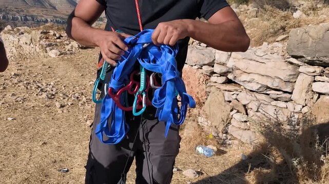 A man in cargo pants outdoors in an arid, rocky environment prepares climbing equipment, organizing blue slings and carabiners.