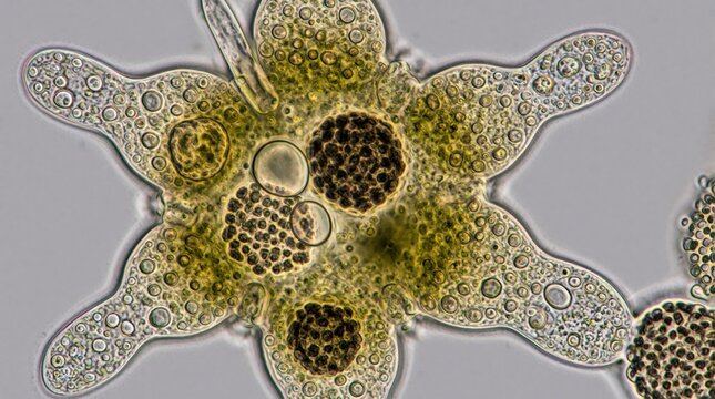 Microscopic amoeba moves, extends pseudopods, engulfs food particles. Single cell organism exhibits nucleus, vacuoles, internal structures. Life science, biology research, freshwater pond study.
