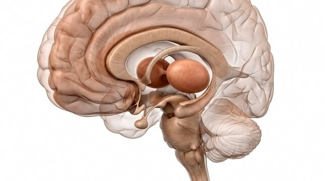 Medial sagittal view of a detailed human brain anatomical model showing internal structures with brain anatomy