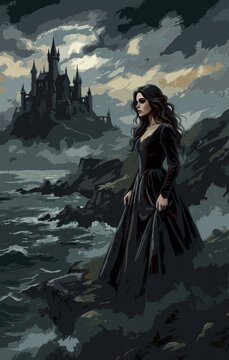 Gothic fantasy romance book cover illustration, lonely woman in black dress on stormy cliff near dark castle.