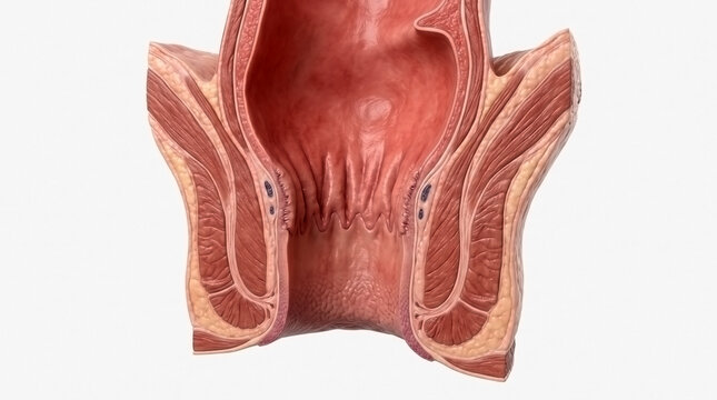 Close up view of medical anatomical model of human rectal and anal canal musculature with physiology sphincter biological