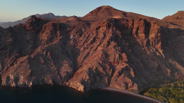 Aerial view of steep rocky coastal cliffs at San Evaristo north of La Paz