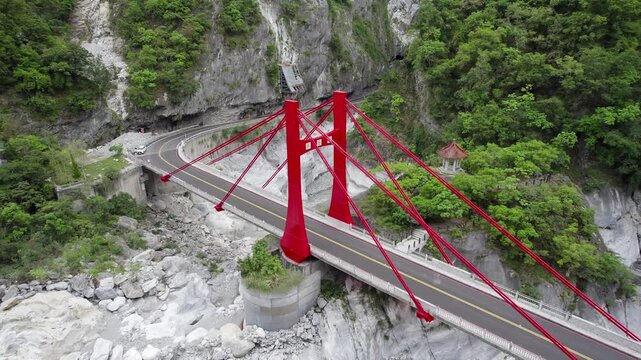 Aerial Camera Passes Cimu Bridge&rsquo;s Red Cables Into Taiwan&rsquo;s Taroko Gorge