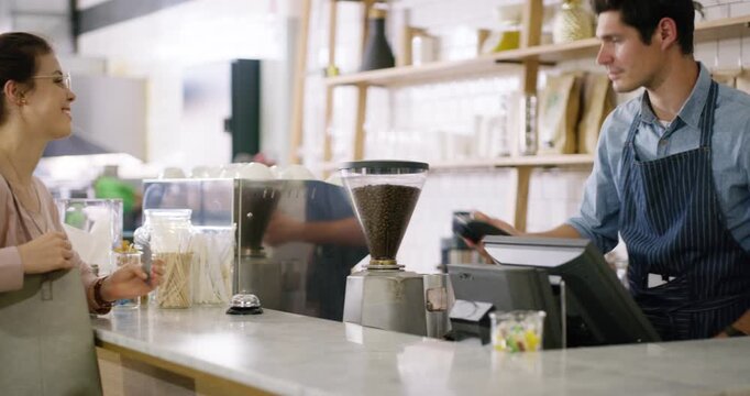 Credit card, payment and smile with waiter in cafe for fintech, customer service and online banking. Digital transaction, barista and pos machine with people in coffee shop for checkout and server