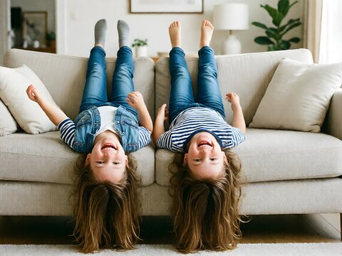 Two happy children play upside down on a beige sofa in a bright living room with casual clothes and joyful expressions. Concept of childhood fun and home leisure activity.