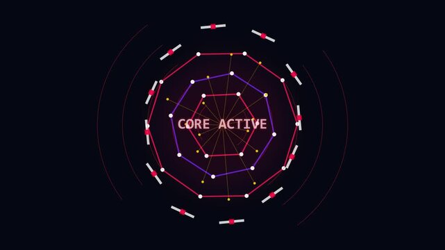 Abstract Radar Chart with Core Active Text and Geometric Shapes on Dark Background