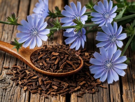 Chicory root pieces on wooden spoon with blue flowers on rustic timber surface. Organic herbal ingredient for healthy detox drink. Natural medicinal plant components for homeopathy, alternative
